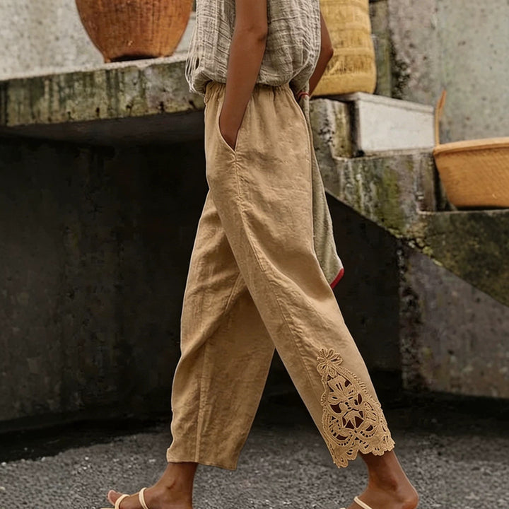 Damen elegante Leinenhose mit Spitzenapplikationen Drune
