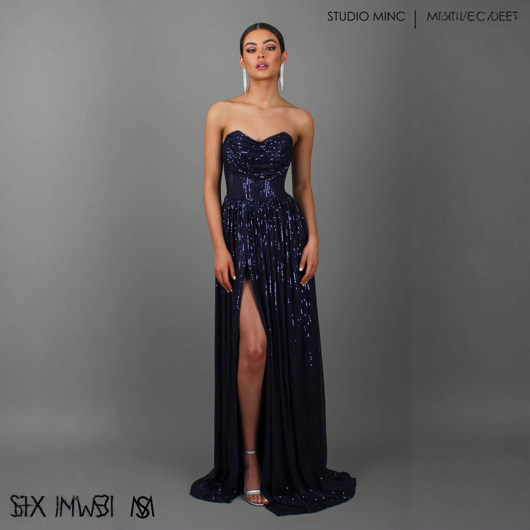 Damen Glitzerndes und schulterfreies Abendkleid mit tiefem Schlitz Drune