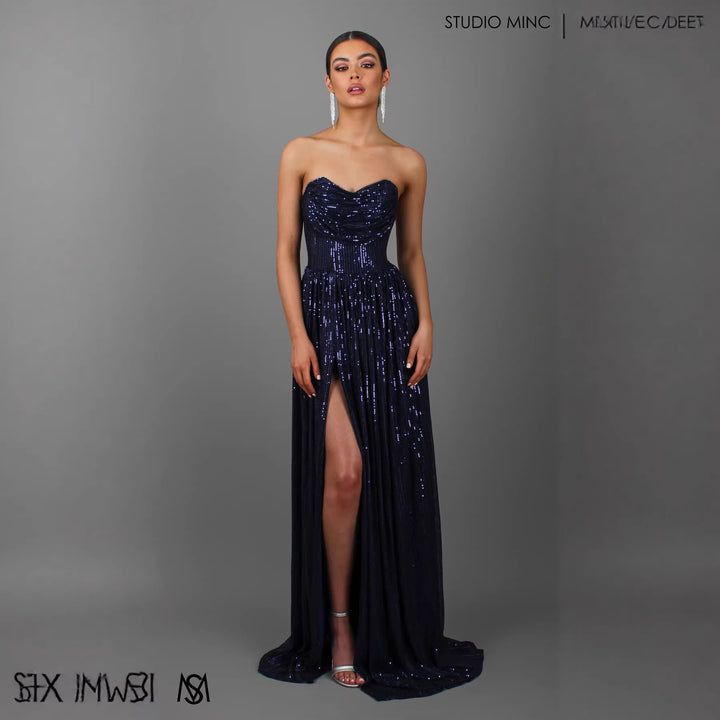 Damen Glitzerndes und schulterfreies Abendkleid mit tiefem Schlitz Drune