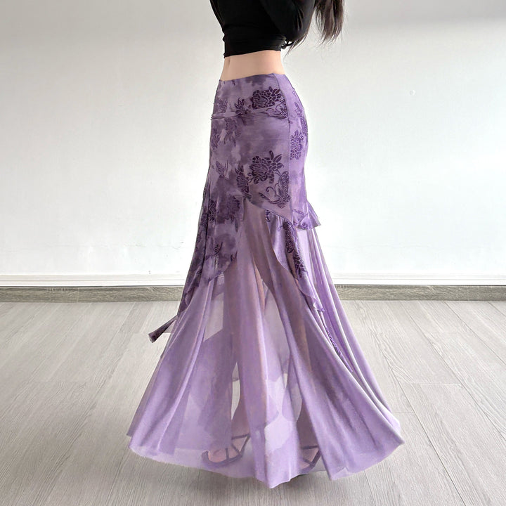 Damen asymmetrischer Maxirock mit floralen Details und transparenten Schichten Drune