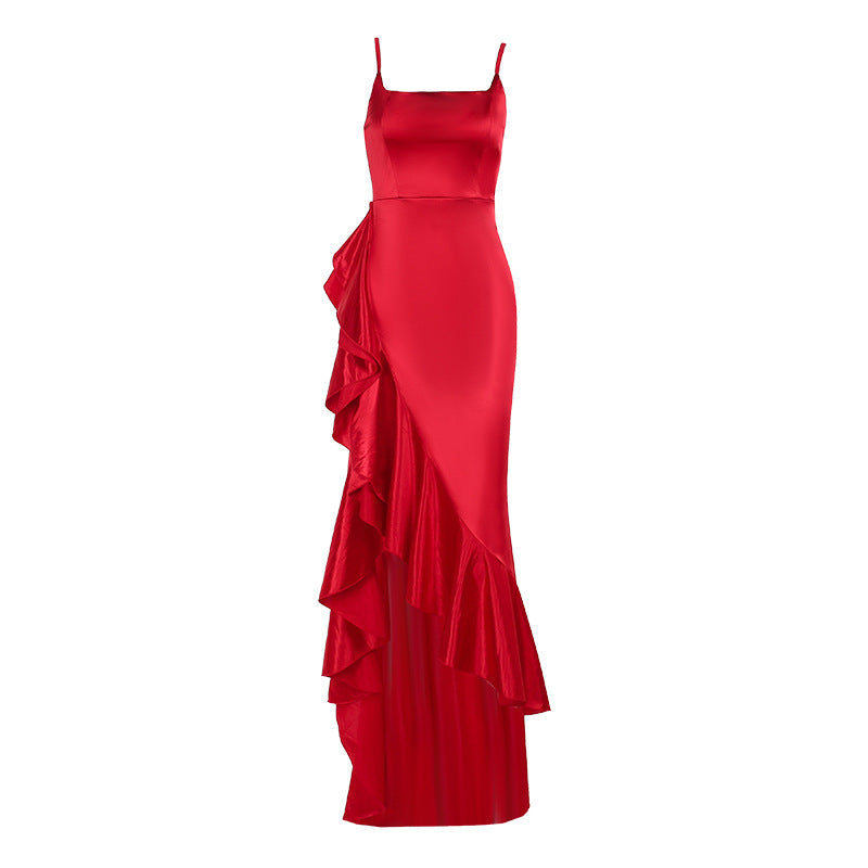 Damen elegantes Maxikleid mit seitlichem Schlitz und fließendem Rüschensaum Drune