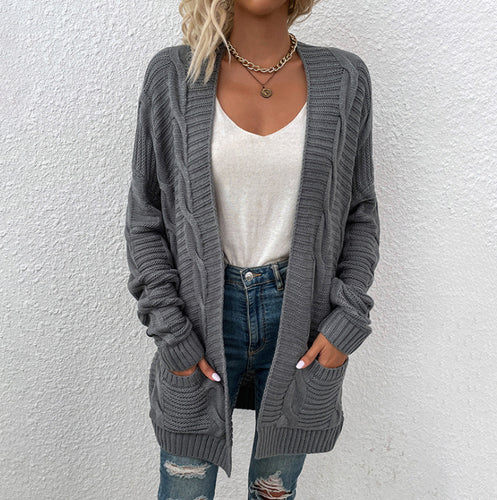 Damen Grobstrick-Cardigan mit Taschen und offenem Frontdesign Drune