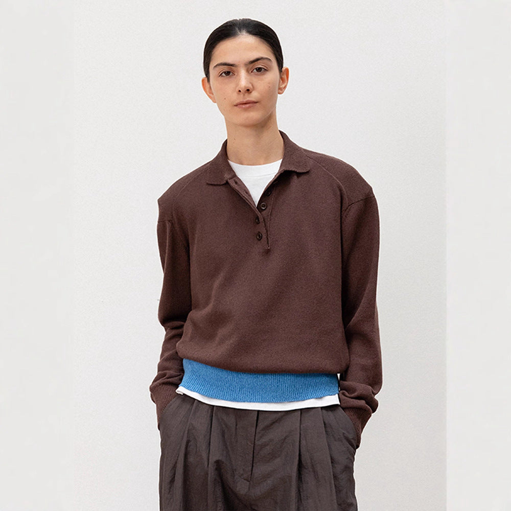 Damen lässiger Strickpullover mit Polokragen und kontrastierendem Bund Drune