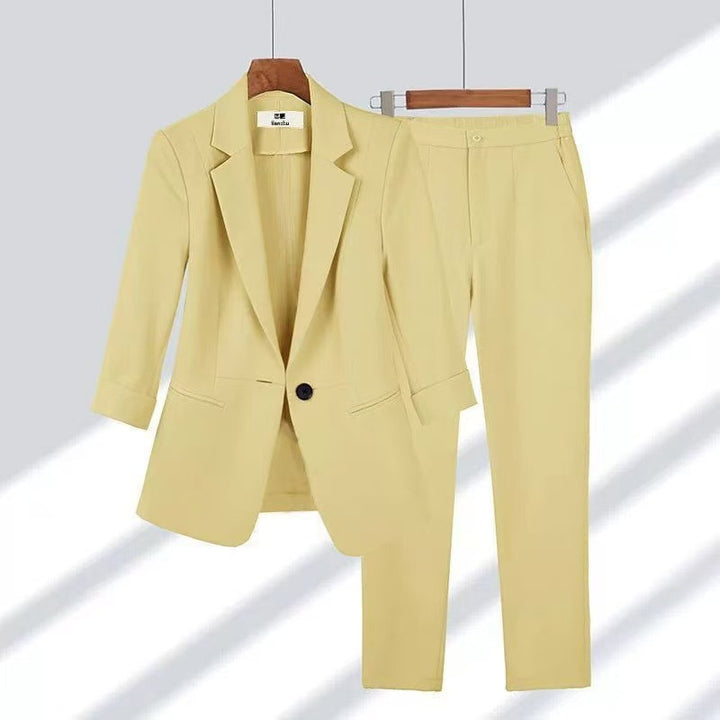 Damen nan schlanker Zweiteiler Business-Blazer mit krempelbaren 3/4-Ärmeln und hochgeschnittener Tapered-Hose Drune