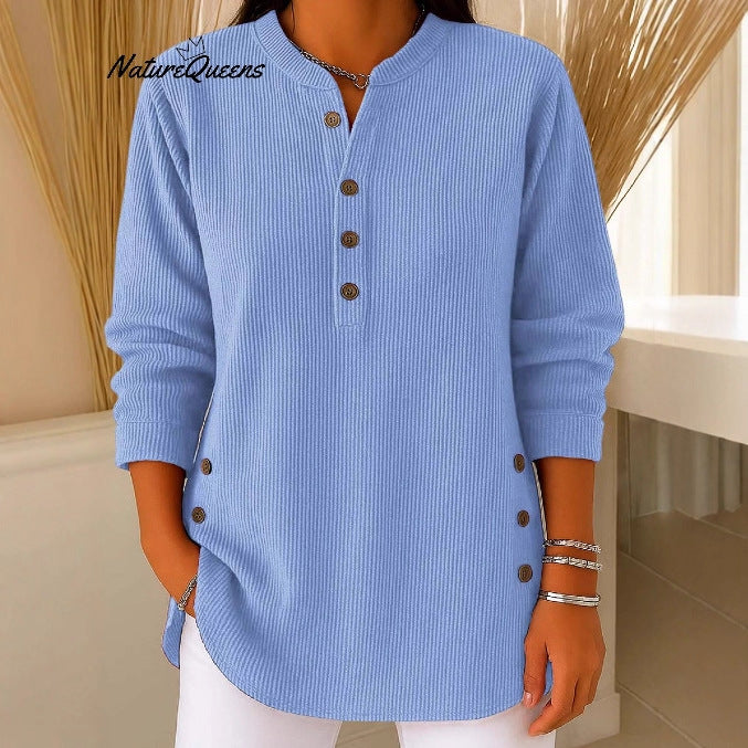Damen Langarmshirt mit Knopfleiste und modernen Seitenknopfdetails Drune