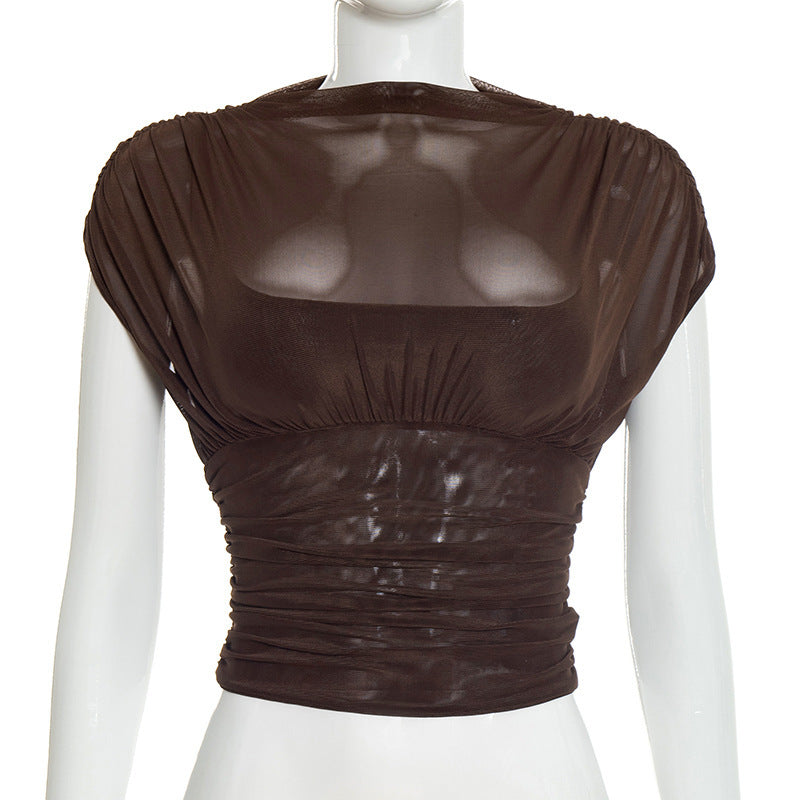 Damen elegantes Oberteil mit modischen Raffungen und transparentem Stoff Drune