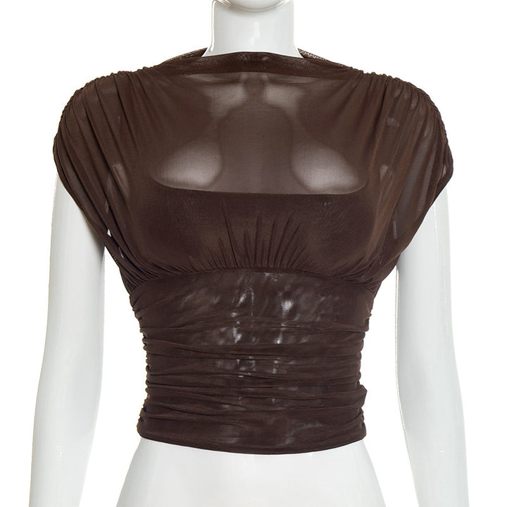 Damen elegantes Oberteil mit modischen Raffungen und transparentem Stoff Drune