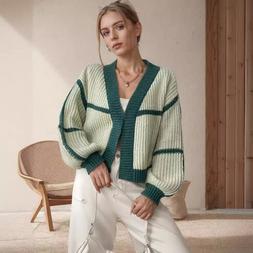 Damen lässiger Strickcardigan mit modernem Blockstreifenmuster Drune
