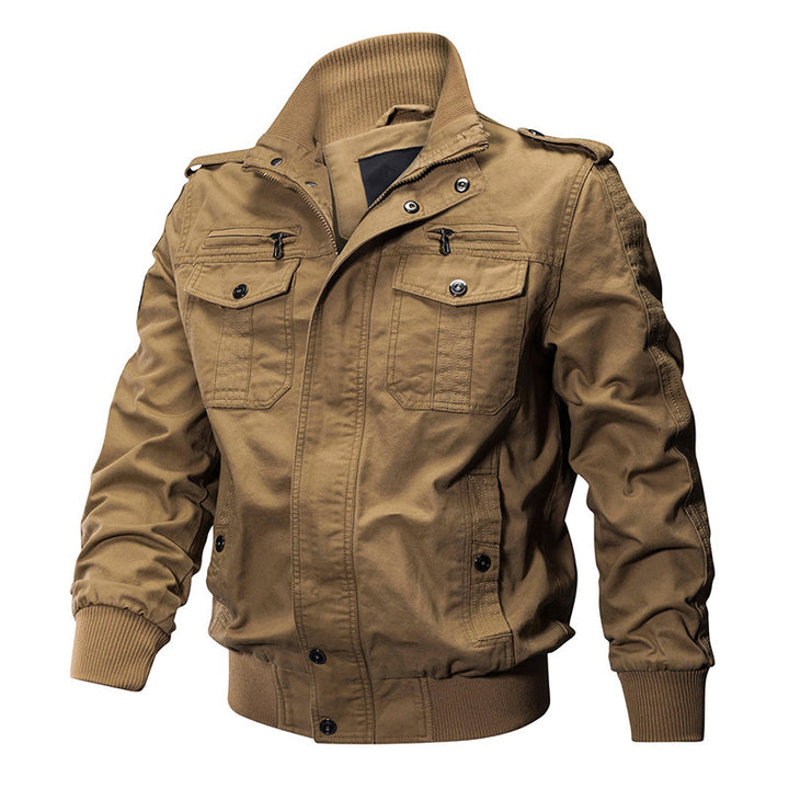 Herren nan multifunktionale Baumwoll-Canvas Bomber-Fieldjacke mit Stehkragen, Schulterpatten und verdeckter Druckknopf‑Reißverschluss Drune