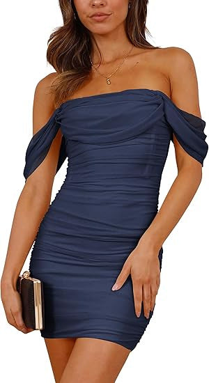 Damen figurbetontes Wickelkleid mit schulterfreiem Design Drune