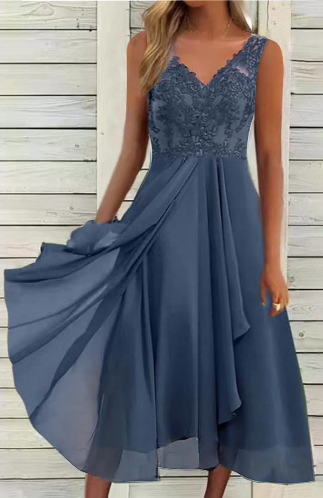 Damen nan elegantes Abend-Midikleid mit bestickter Spitzen-Büste, taillierter Drapierung und fließendem Lagenrock Drune
