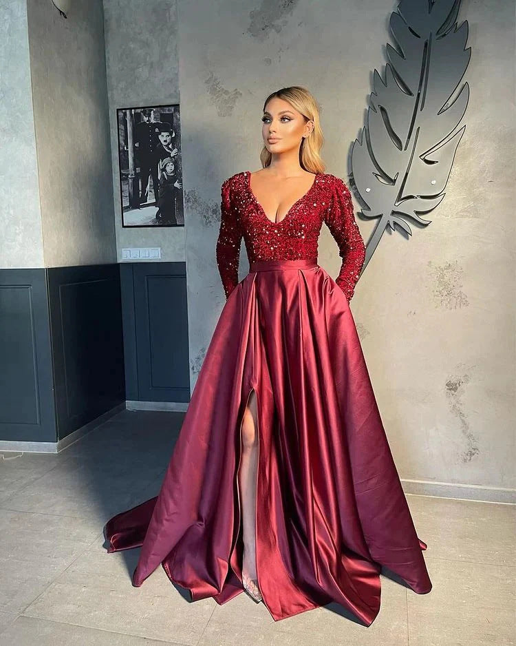 Damen Glamouröses Abendkleid mit funkelnden Pailletten und hohem Schlitz Drune