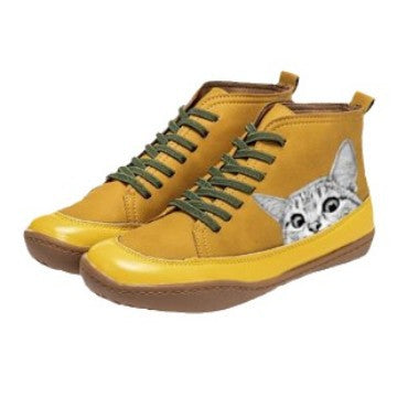 Damen High-Top Sneaker mit geprägtem Katzenmotiv weiches Kunstleder und gepolstertes Komfortfußbett Drune