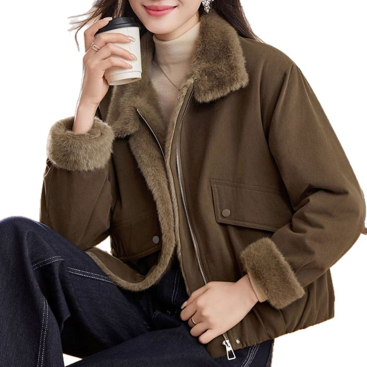 Damen warme Steppjacke mit flauschigem Kragen und praktischen Taschen Drune