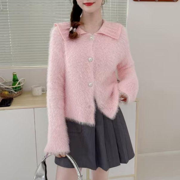 Damen Flauschige Strickjacke mit dekorativem Kragen Drune