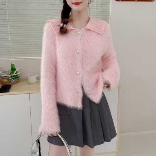 Damen Flauschige Strickjacke mit dekorativem Kragen Drune