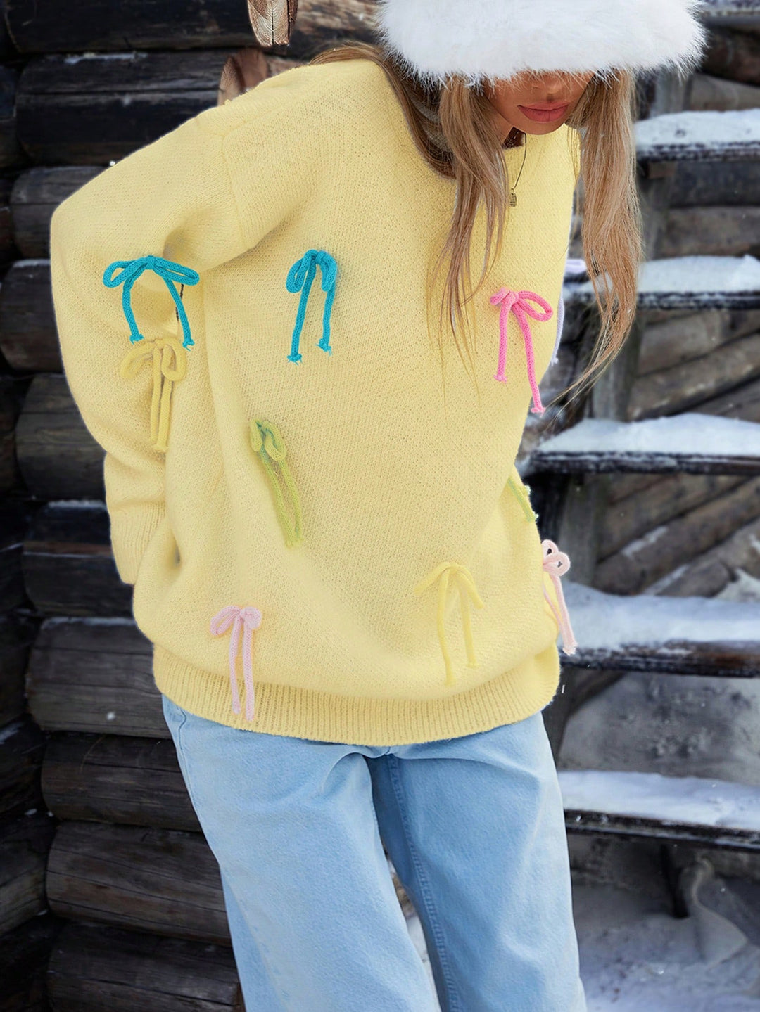 Damen kreative Strickpullover mit bunten Applikationen Drune
