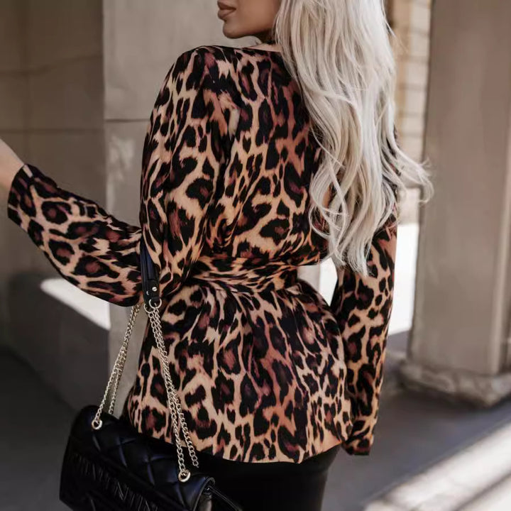 Damen Blazerjacke mit elegantem Leopardenmuster und taillierbarem Gürtel Drune