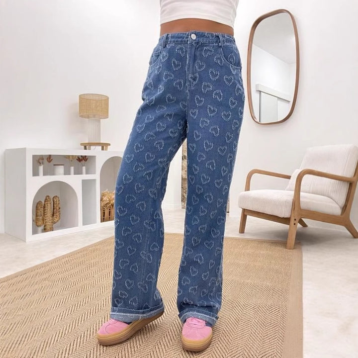 Damen High-Waist Jeans mit einzigartigem Herzchen-Muster und bequemer Passform Drune