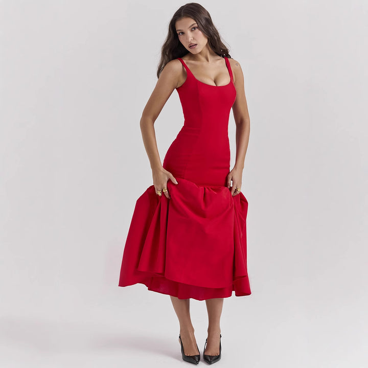 Damen Maxikleid mit schickem Taillenbetonung und voluminösem Rock Drune