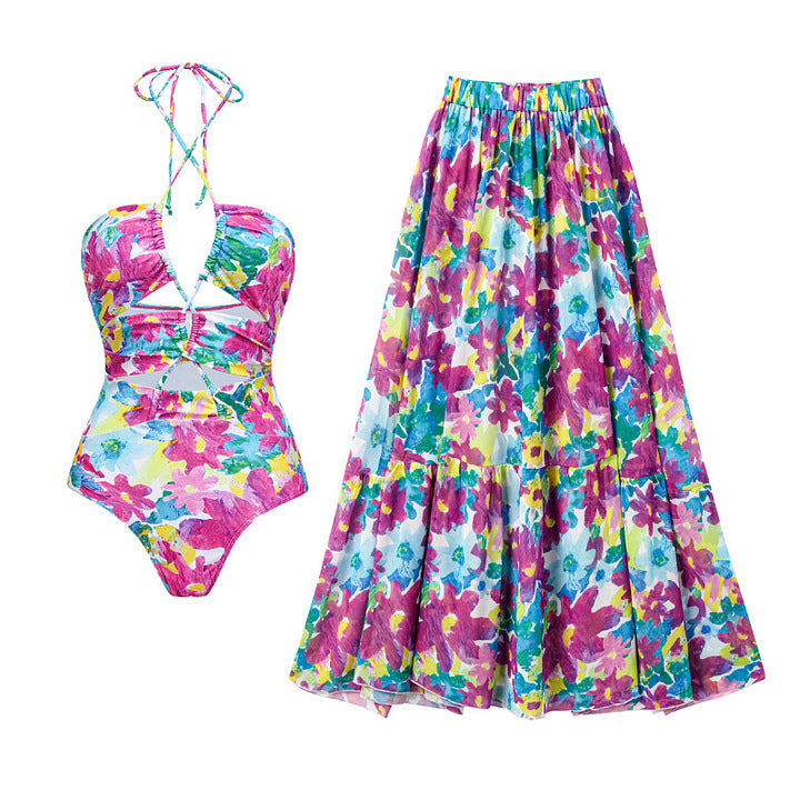 Damen Bikiniset mit voluminösen Rüschendetails und fließendem Maxi-Rock Drune