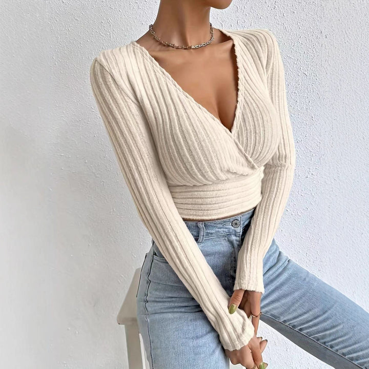 Damen Cropped Pullover mit V-Ausschnitt und raffiniertem Rippendesign Drune