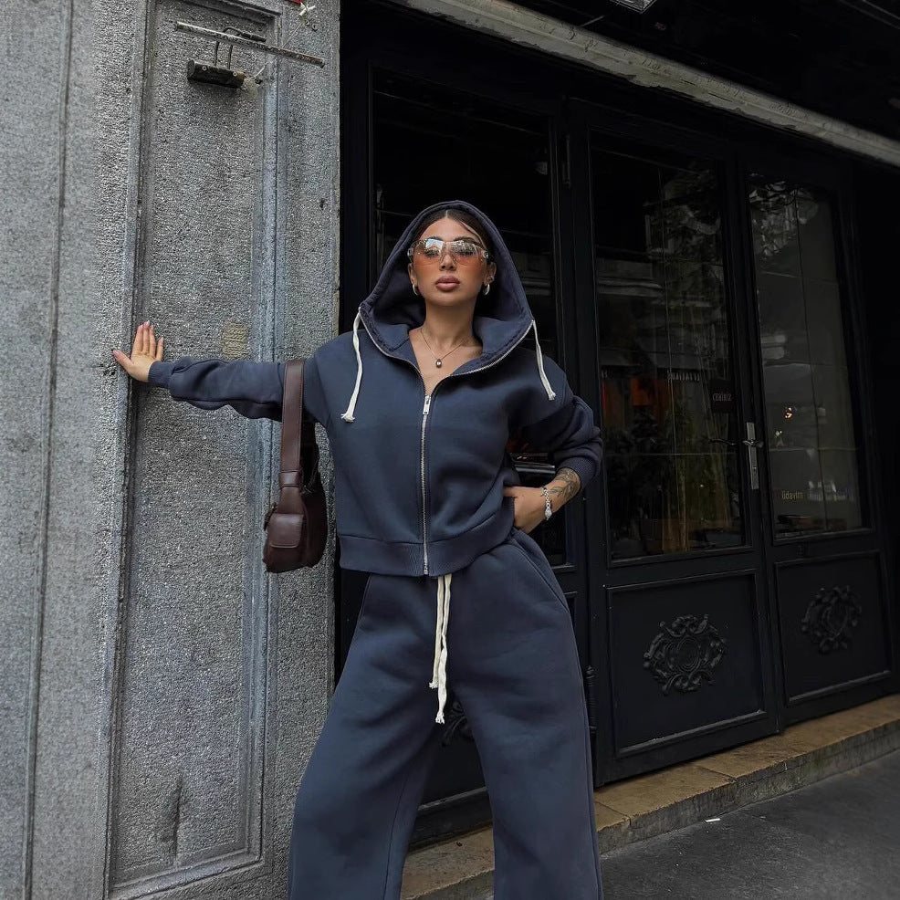 Damen bequemer Fleece-Jogginganzug mit praktischer Kapuze und Reißverschluss Drune