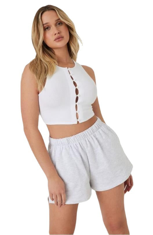Damen modisches Crop-Top mit Knopfleiste und dezentem Rippdesign Drune