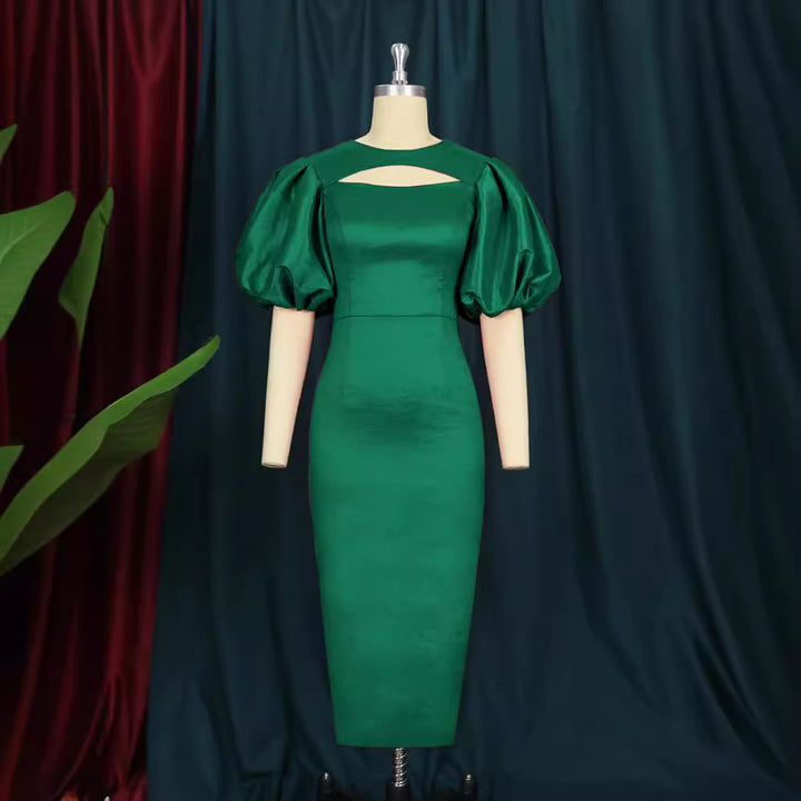 Damen figurbetontes Kleid mit Puffärmeln und Schlüssel-Ausschnitt Drune