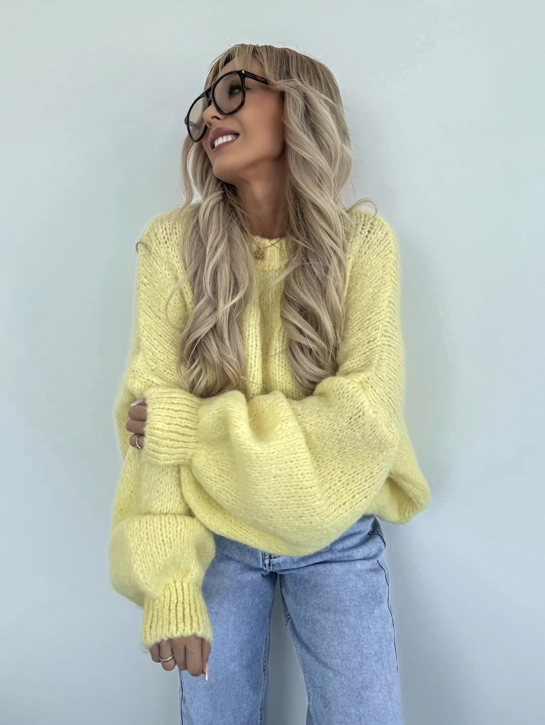Damen Strickpullover mit voluminösen Ärmeln und feiner Struktur Drune