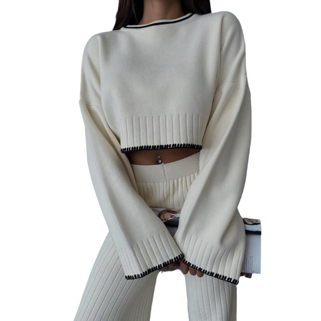 Damen Crop-Pullover und weite Hose Set mit moderne Rippstruktur Drune