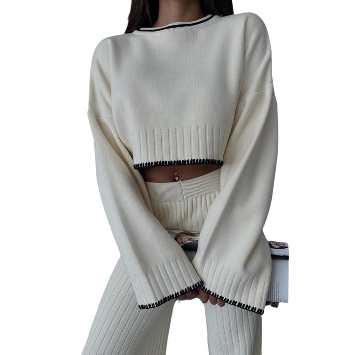 Damen Crop-Pullover und weite Hose Set mit moderne Rippstruktur Drune