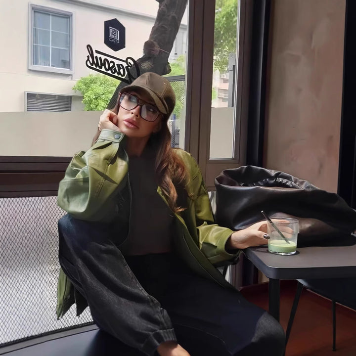 Damen lässige Kunstlederjacke mit voluminösen Ärmeln Drune