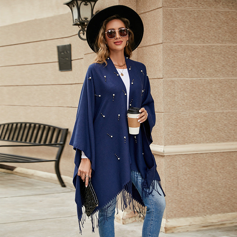 Damen Eleganter Poncho mit floralem Stickmuster und fransigen Kanten Drune