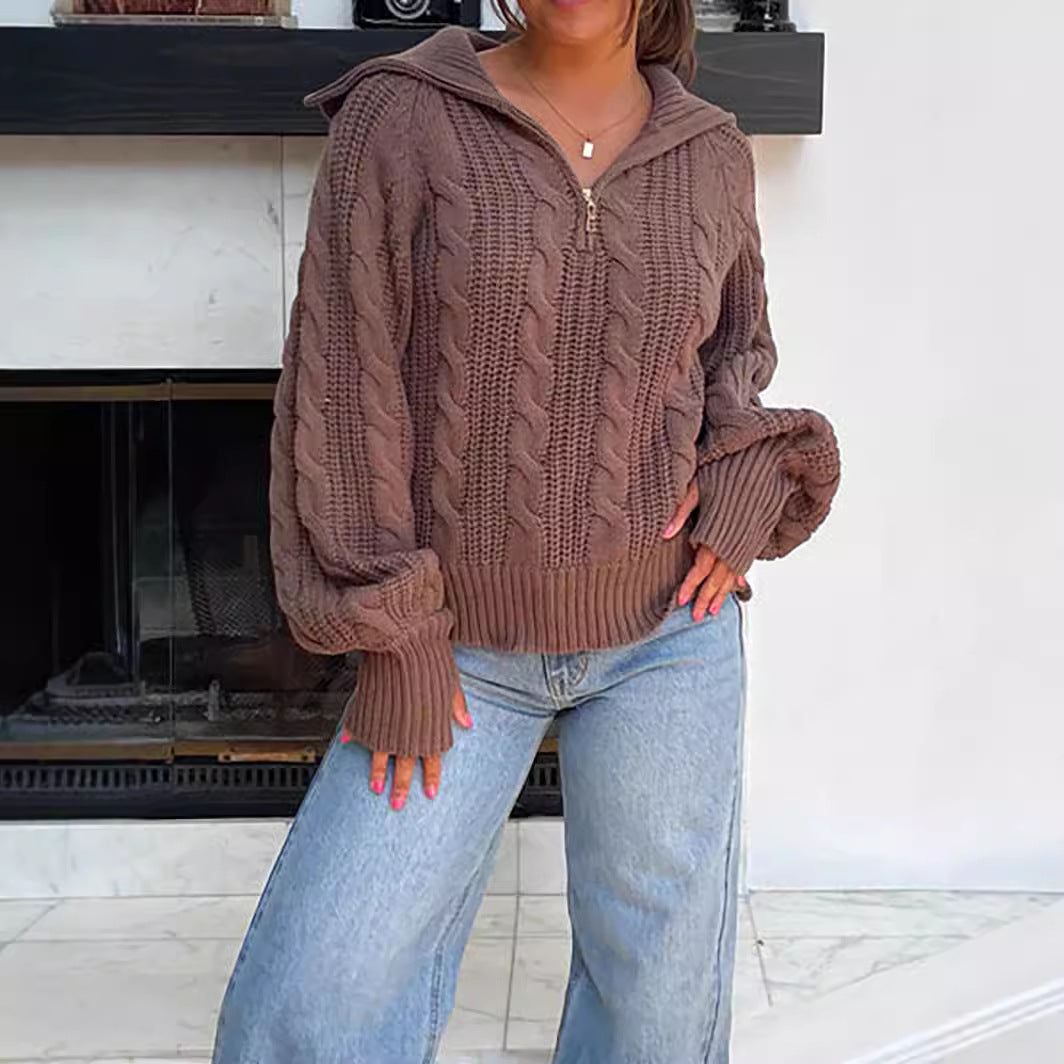 Damen lässiger Strickpullover mit Kapuze und Zipper Drune