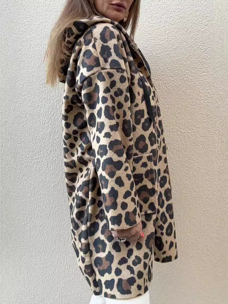 Damen Kapuzenjacke mit modischem Leopardenmuster und praktischen Taschen Drune