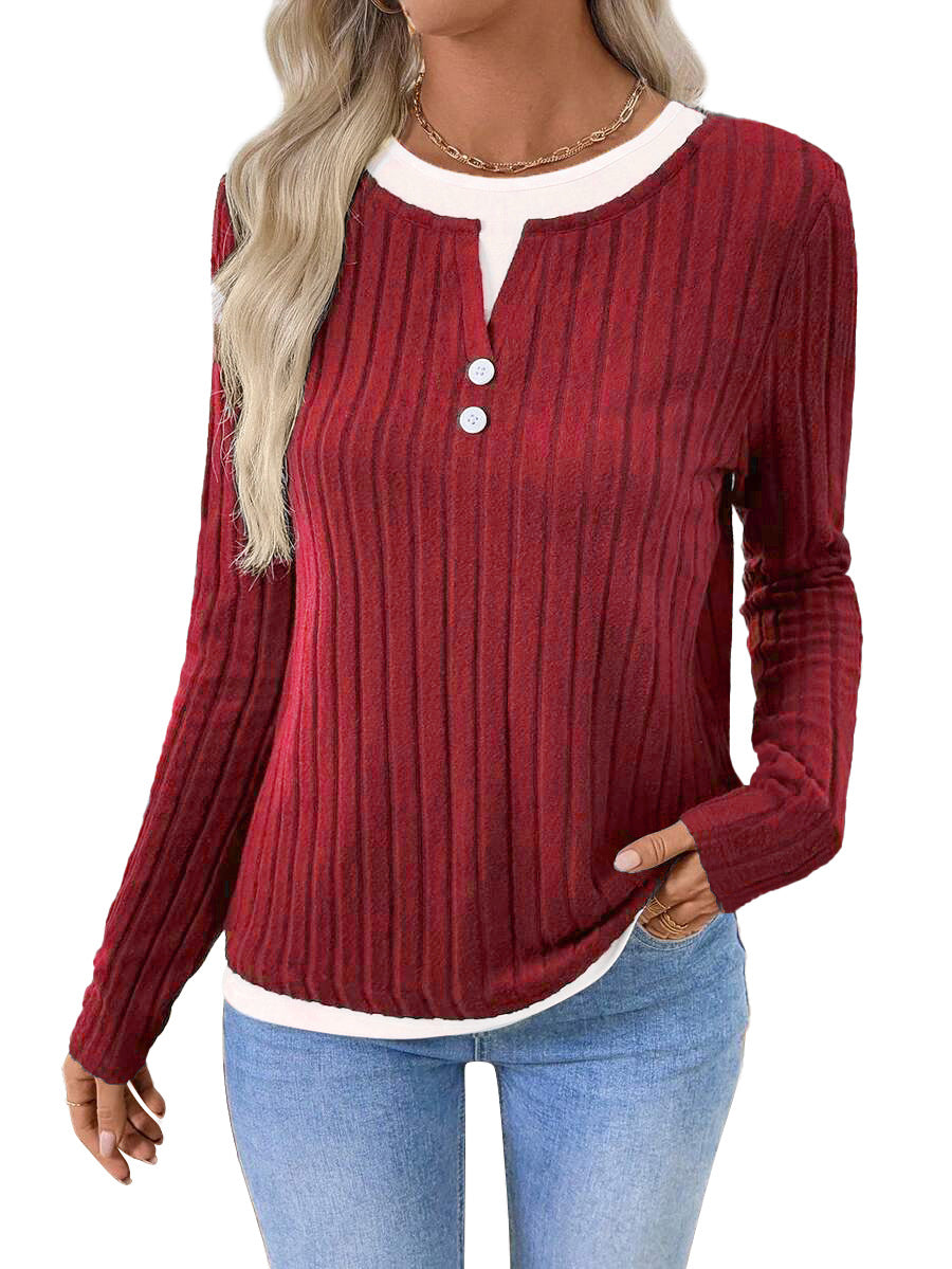 Damen Rippstrick Langarmshirt mit Knopfleiste Drune