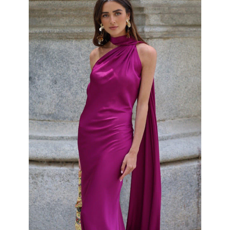 Damen elegantes Maxikleid mit asymmetrischem Oberteil und fließendem Schnitt Drune