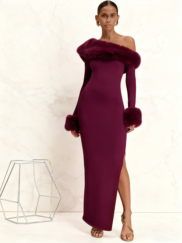 Damen Langarm-Maxikleid mit schulterfreier Optik und eleganten Fellakzenten Drune