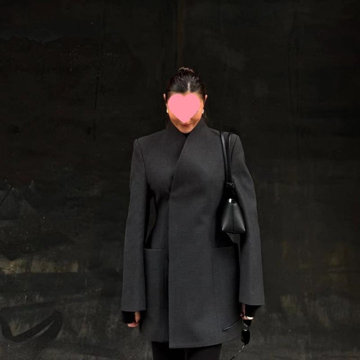 Damen asymmetrische Blazerjacke mit eleganter Taillierung und großen Taschen Drune