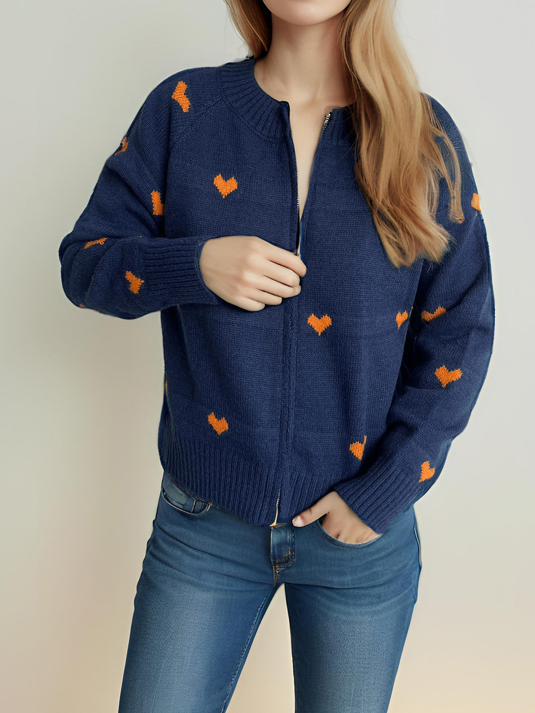 Damen Strickjacke mit Herzmotiv und modernem Reißverschluss Drune