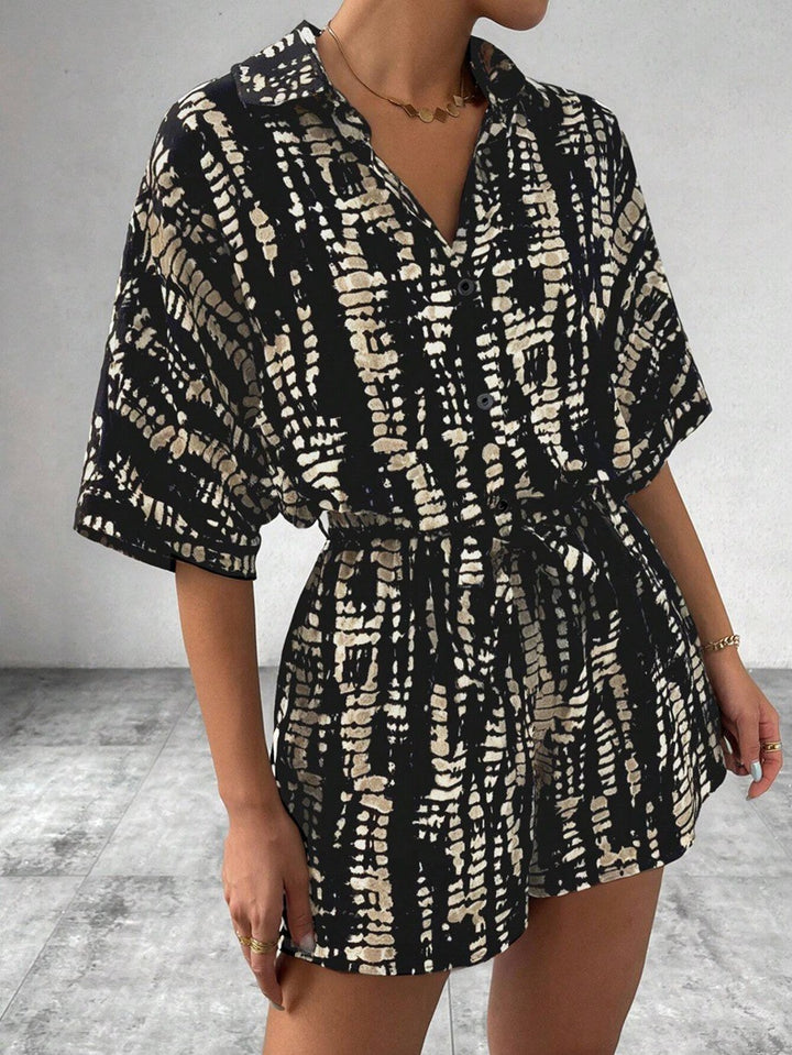 Damen Kurzärmliger Jumpsuit mit floralem Print und Taillengürtel Drune