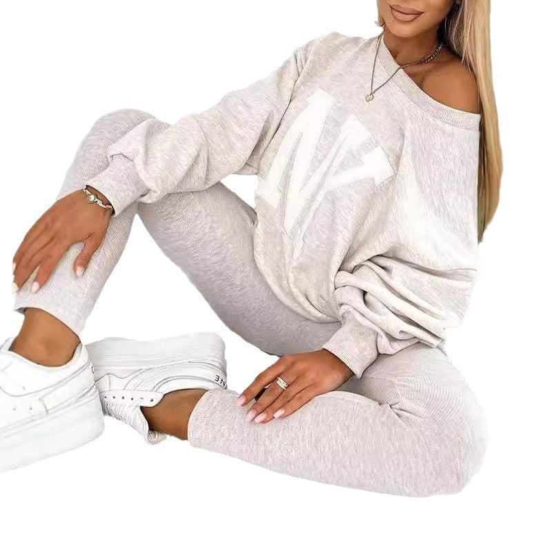 Damen lässiger Oversized-Pullover mit floralem Logo und passender Leggings Drune