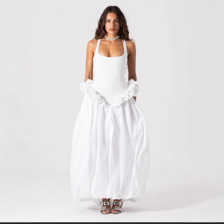 Damen Elegantes Maxikleid mit Rüschensaum und Figurbetontem Oberteil Drune