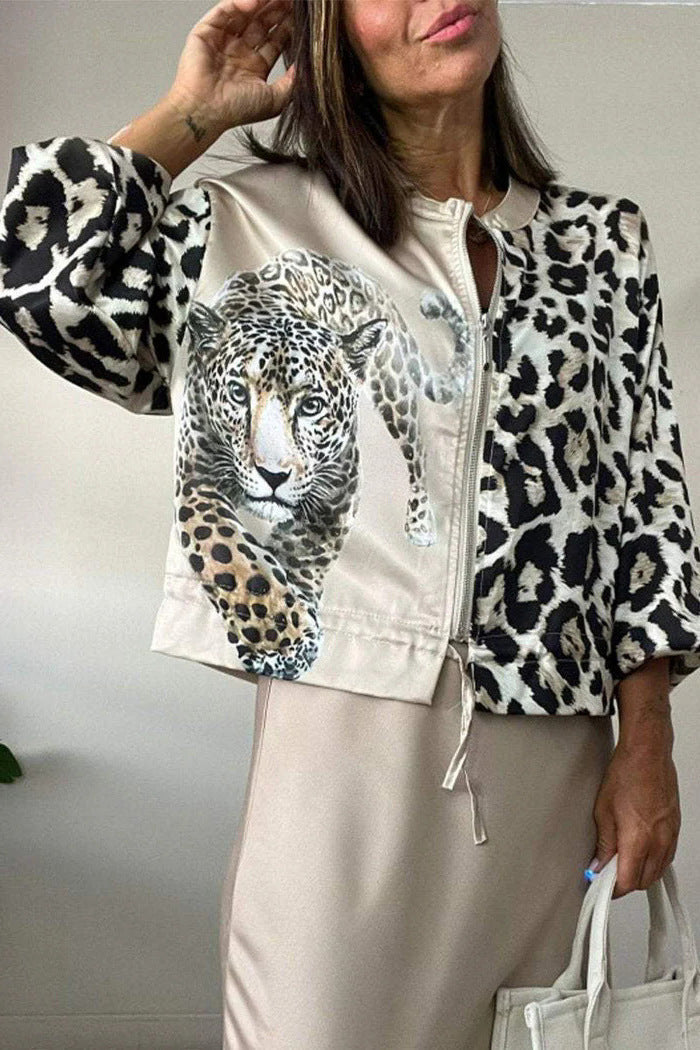 Damen entspannte Bomberjacke mit extravagantem Leoparden-Motiv Drune