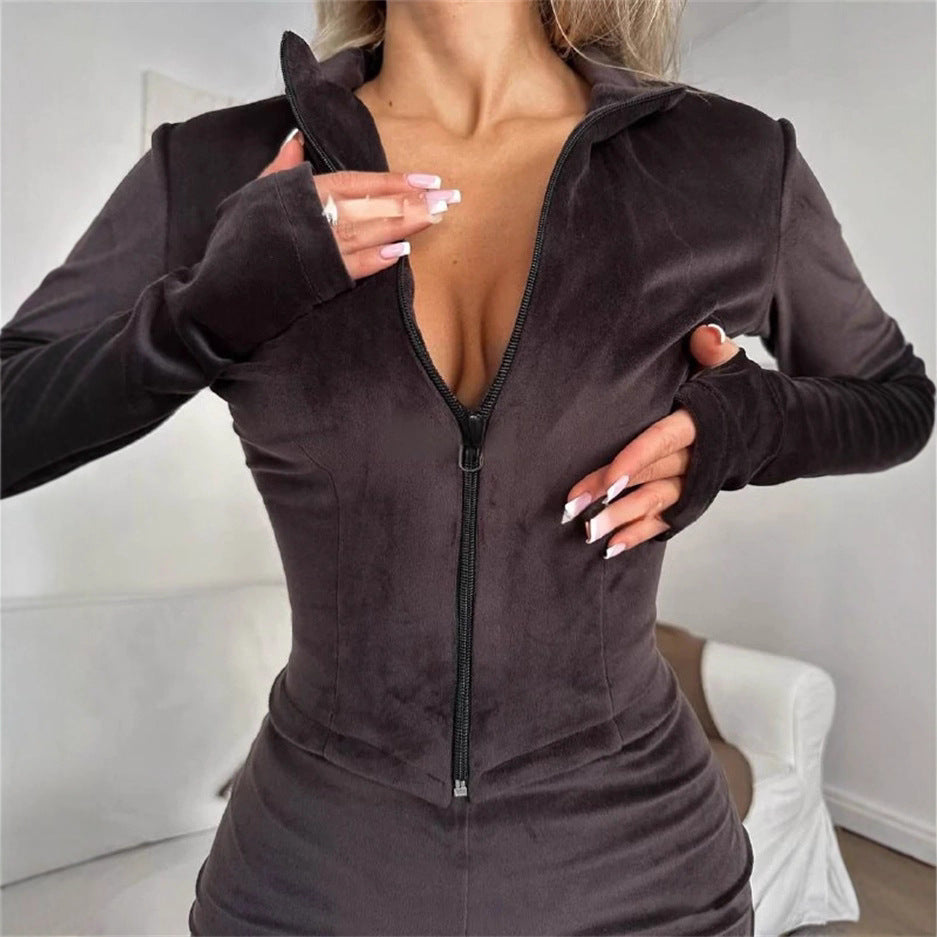 Damen nan taillierter Velours-Overall mit Halbzip, Kapuze und ausgestelltem Schlag Drune
