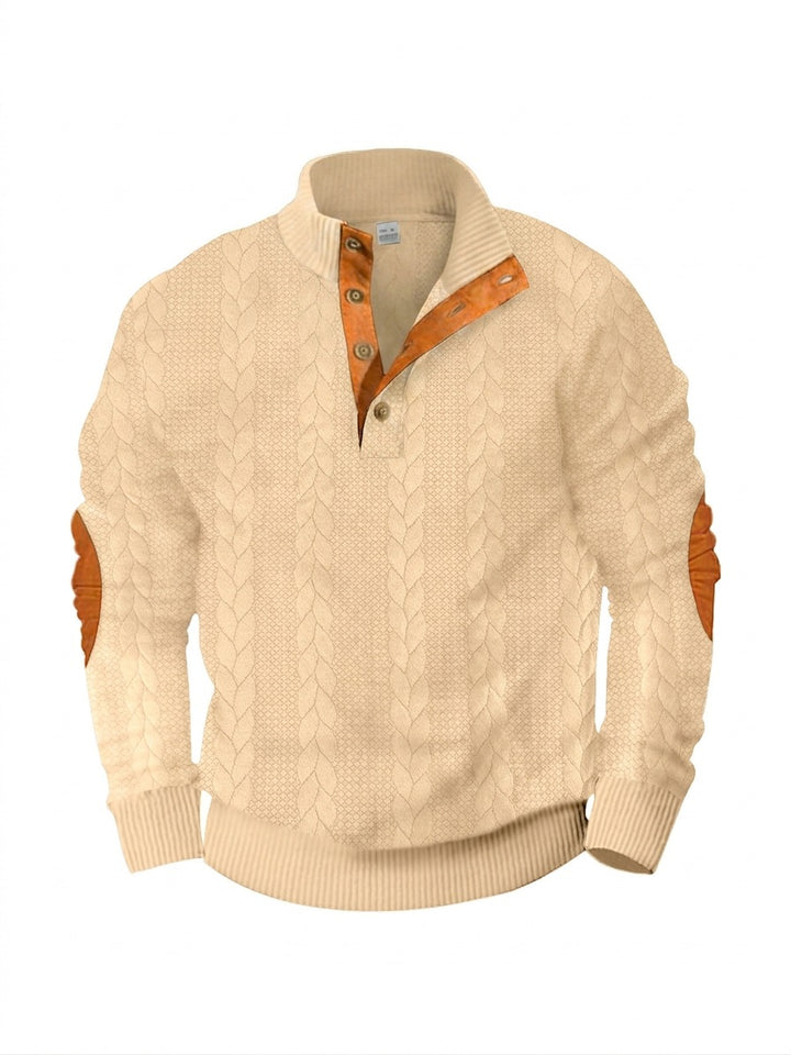Herren nan lässiger Zopfstrickpullover mit verstärkter Knopfleiste und Wildleder-Ellenbogenpatches Drune