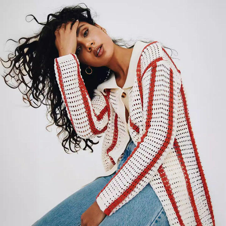 Damen Strickjacke mit offener Maschenstruktur und modischem Streifenmuster Drune