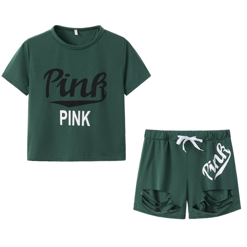 Damen Sportliches T-Shirt und Shorts-Set mit weitem Schnitt und kontrastierenden Aufdrucken Drune