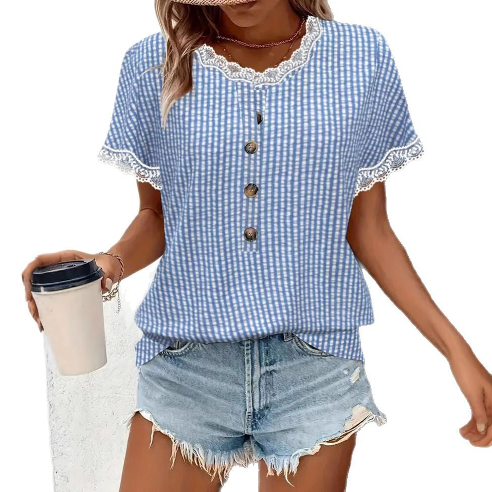 Damen nan kurzärmlige Vichykaro-Bluse mit Spitzenbesatz und dekorativer Knopfleiste Drune